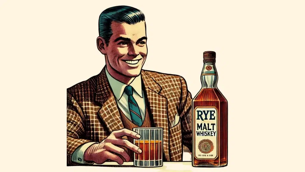 Smiling man with rye malt whiskey bottle