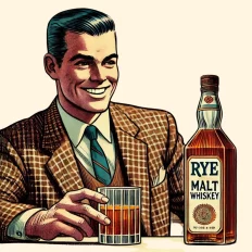 Smiling man with rye malt whiskey bottle