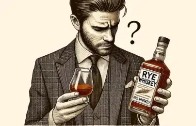 Man questioning a bottle of rye whiskey.