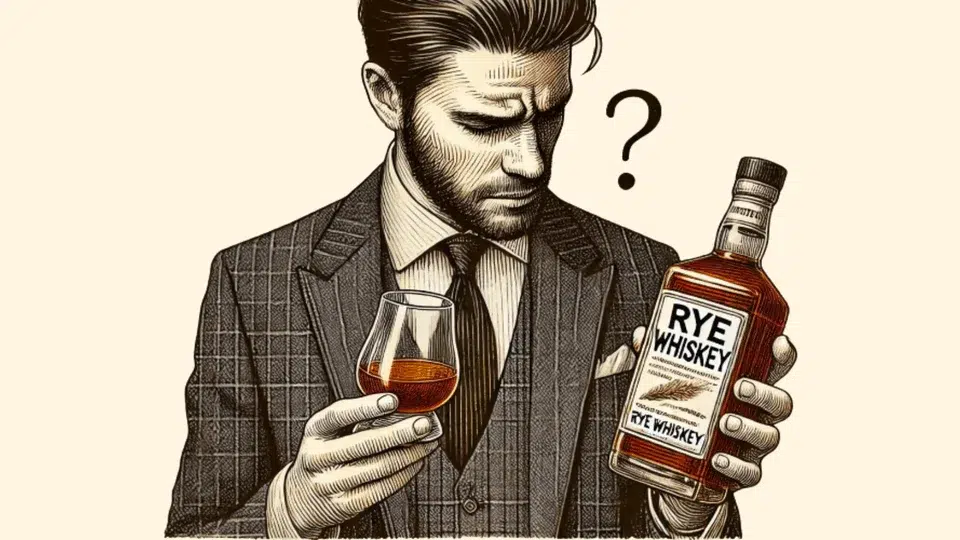 Man questioning a bottle of rye whiskey.