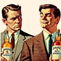 Two men holding light and rich whiskey.