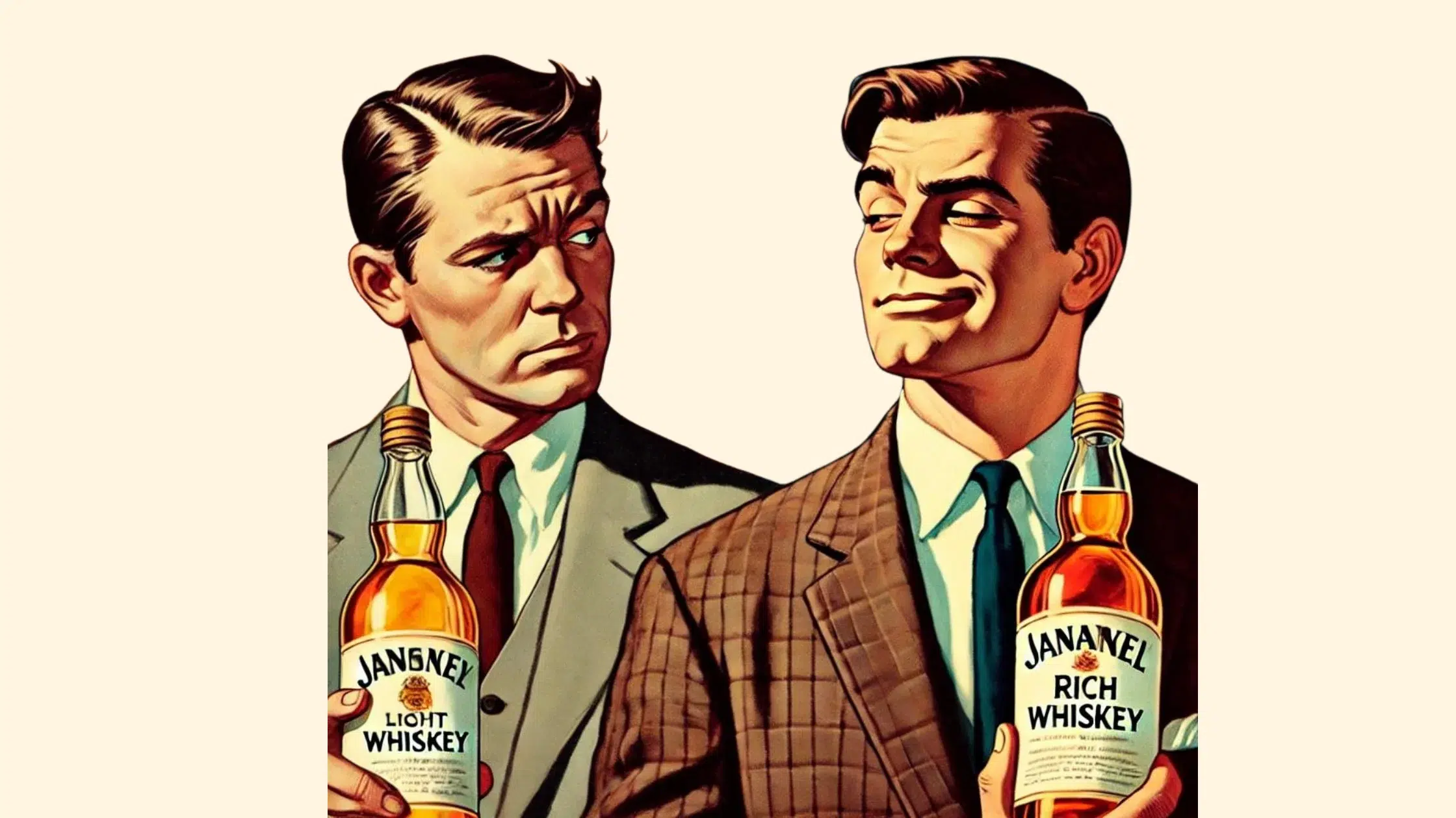 Two men holding light and rich whiskey.