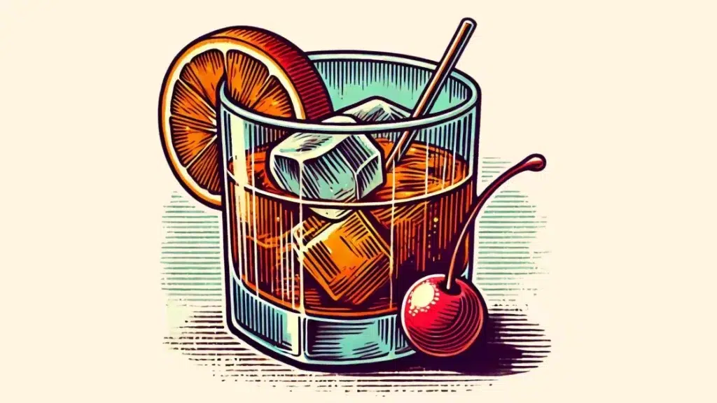 Old fashioned cocktail with cherry and orange