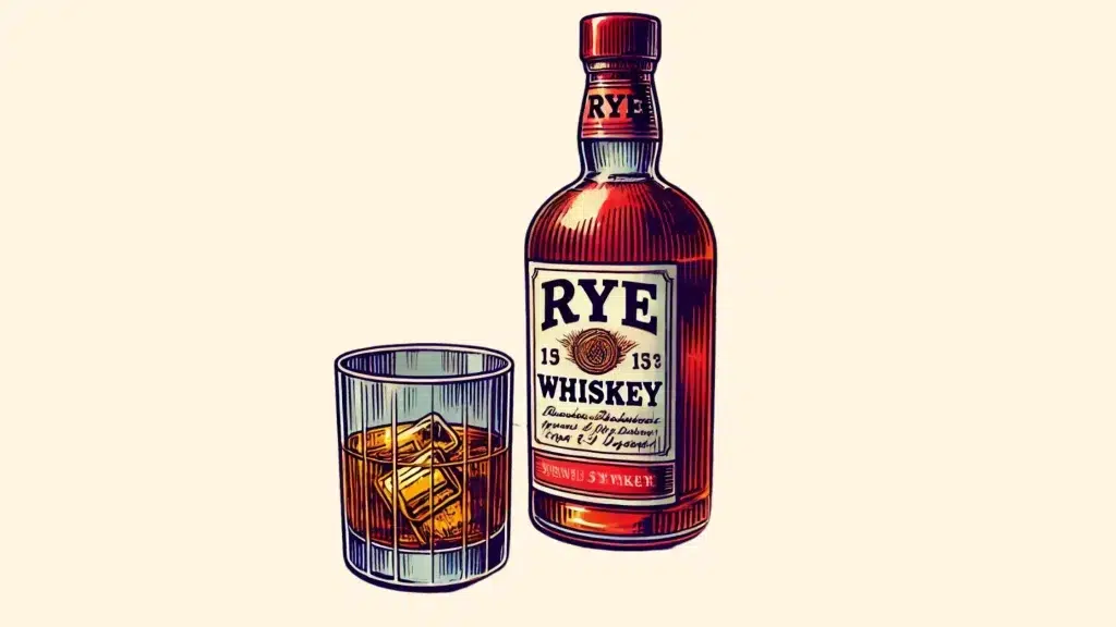 Rye whiskey bottle and glass with ice