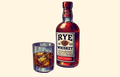 Rye whiskey bottle and glass with ice