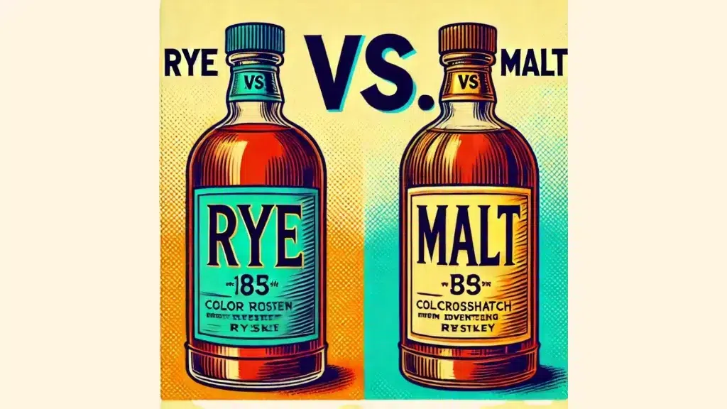 Rye vs Malt whiskey bottles illustration.