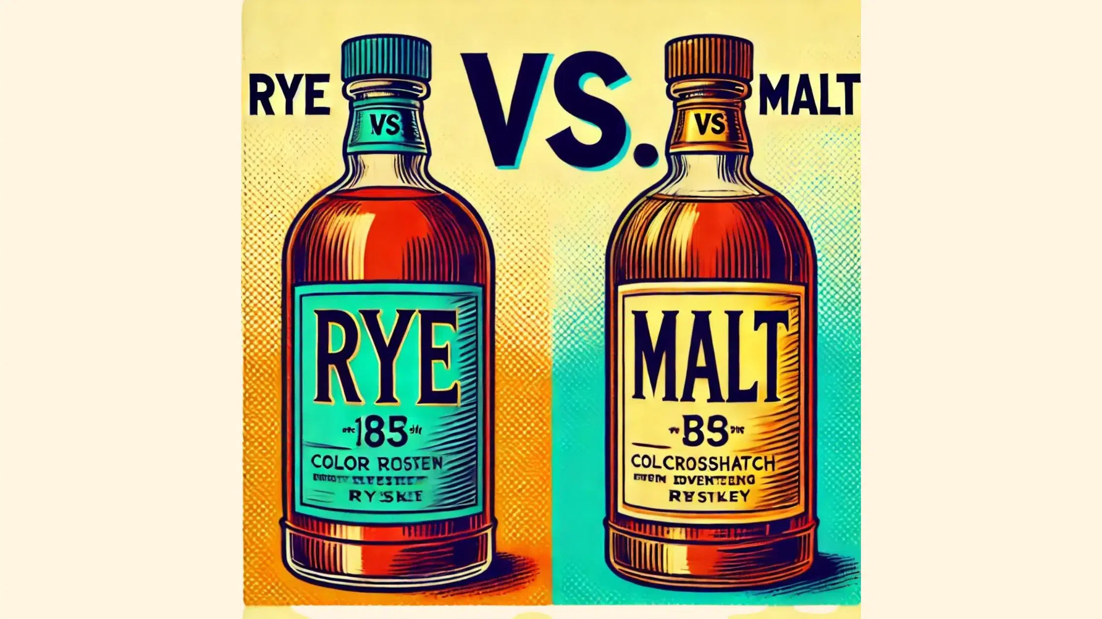 Rye vs Malt whiskey bottles illustration.