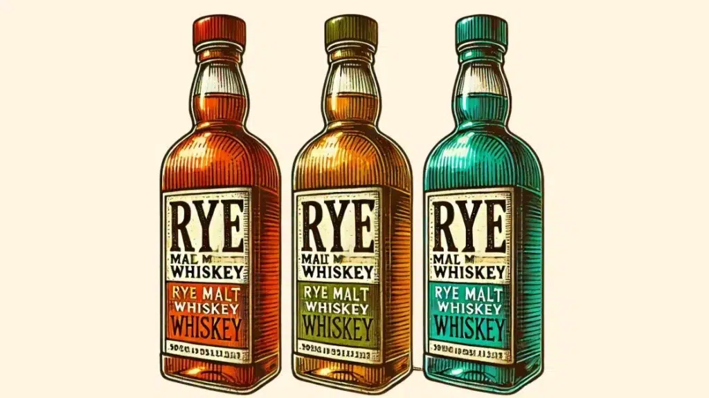 Three rye malt whiskey bottles.