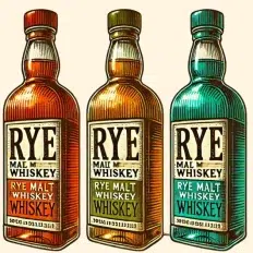 Three rye malt whiskey bottles.