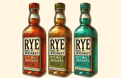 Three rye malt whiskey bottles.