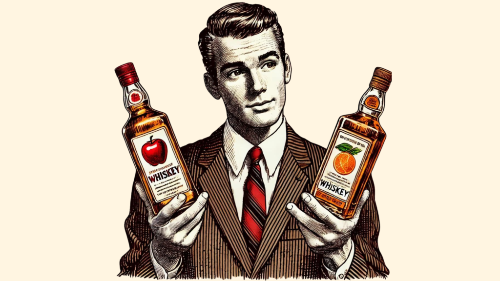 Man holding apple and orange whiskey bottles