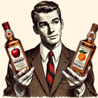 Man holding apple and orange whiskey bottles