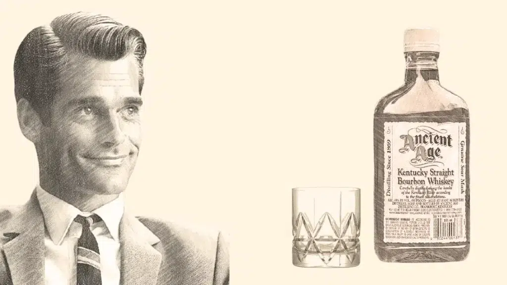 Man smiling with Ancient Age whiskey bottle.