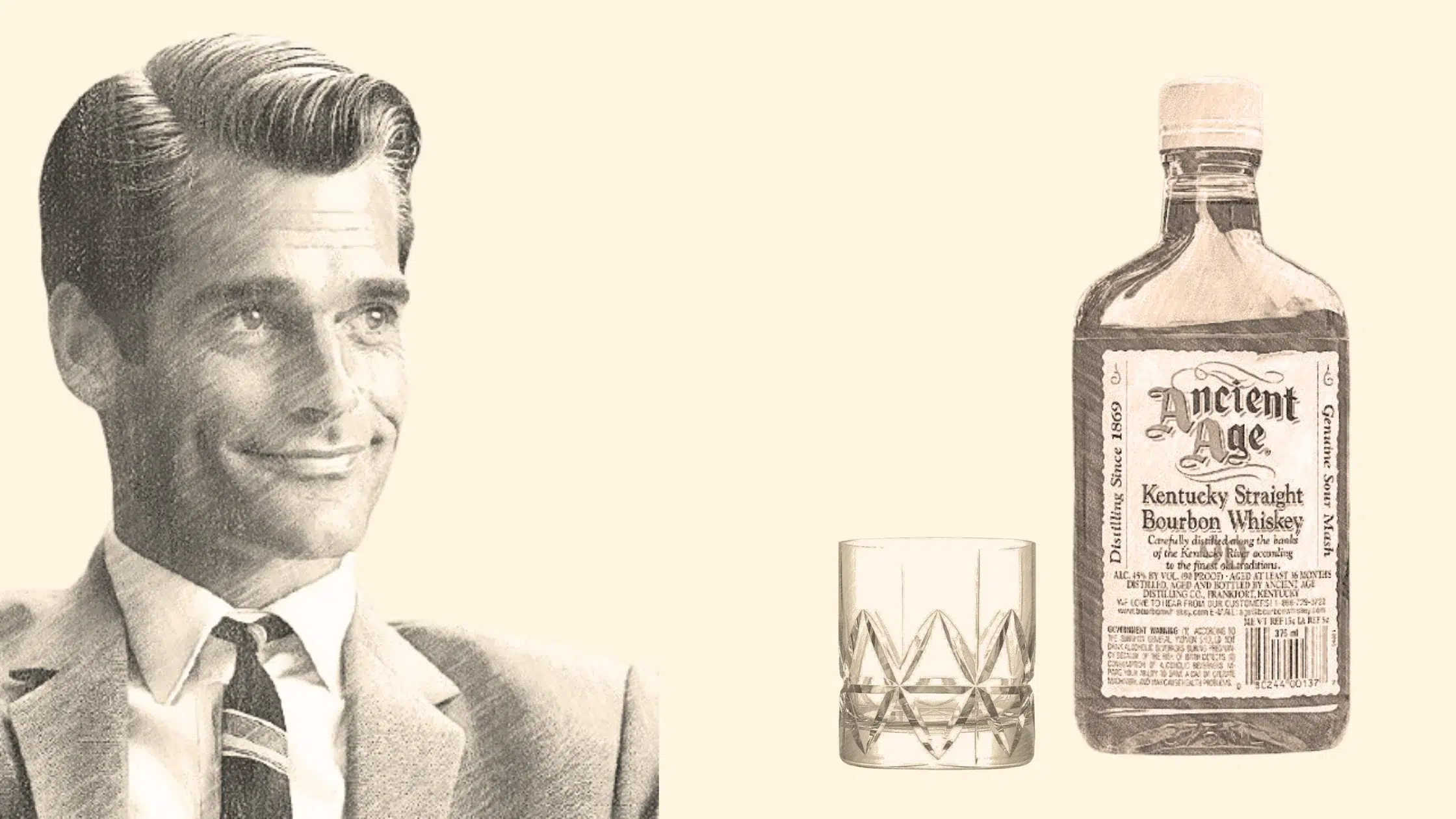 Man smiling with Ancient Age whiskey bottle.