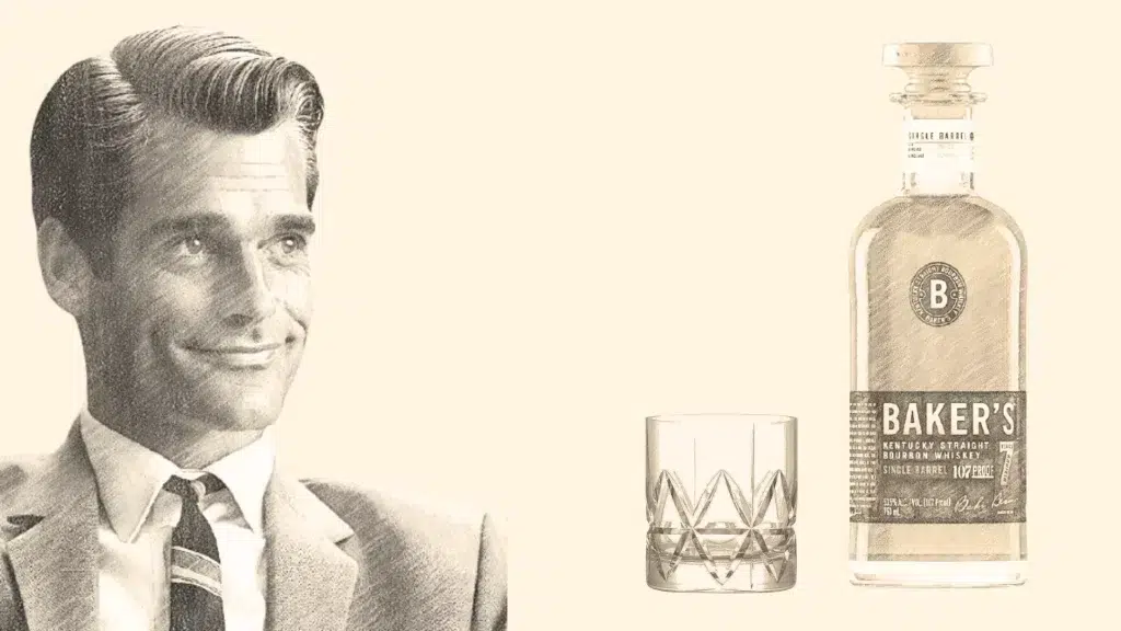 Man with Baker's bourbon bottle and glass.