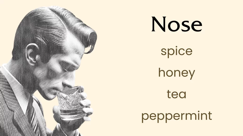 Man smelling glass, listed spices: honey, tea, peppermint.