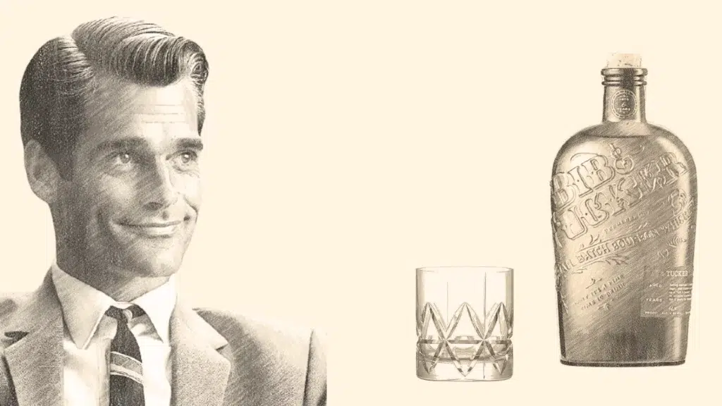 Vintage man with bourbon bottle and glass.