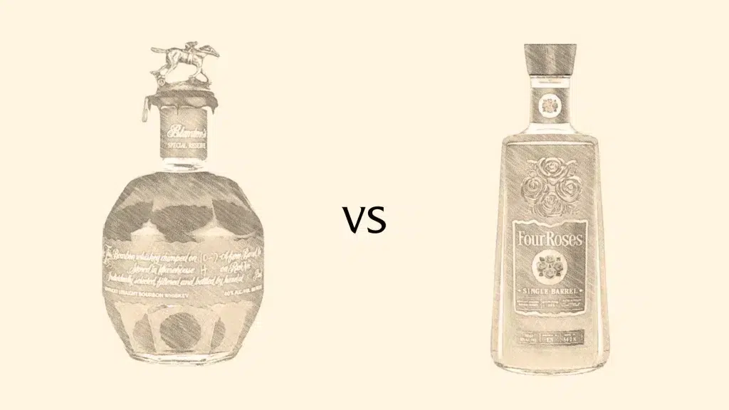 Blanton's vs Four Roses bourbon bottles comparison.