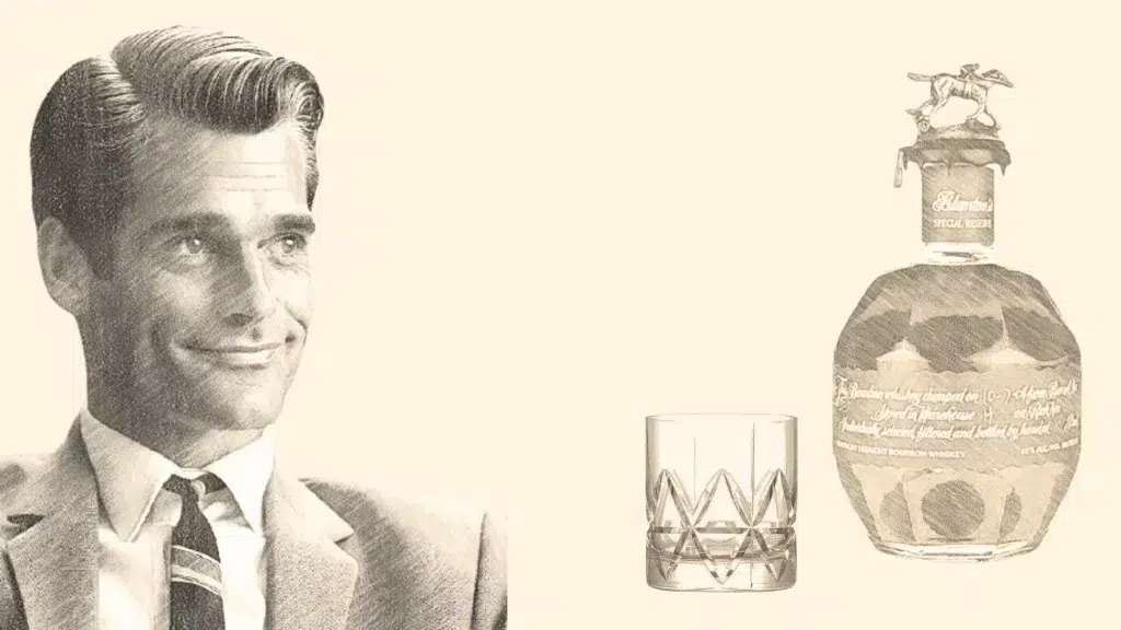 Vintage drawing of man with whiskey bottle and glass.