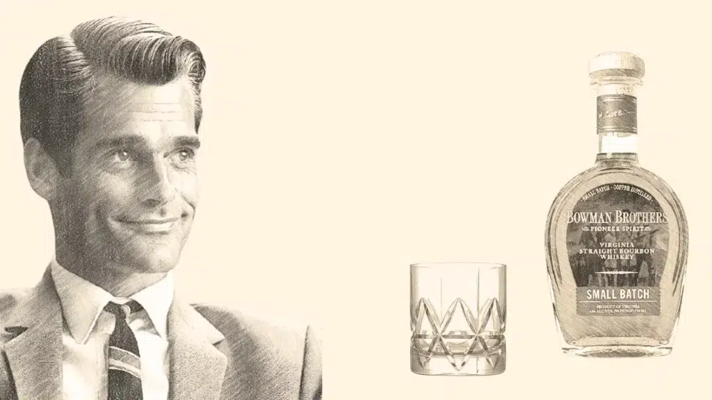 Vintage man with bourbon bottle and glass.