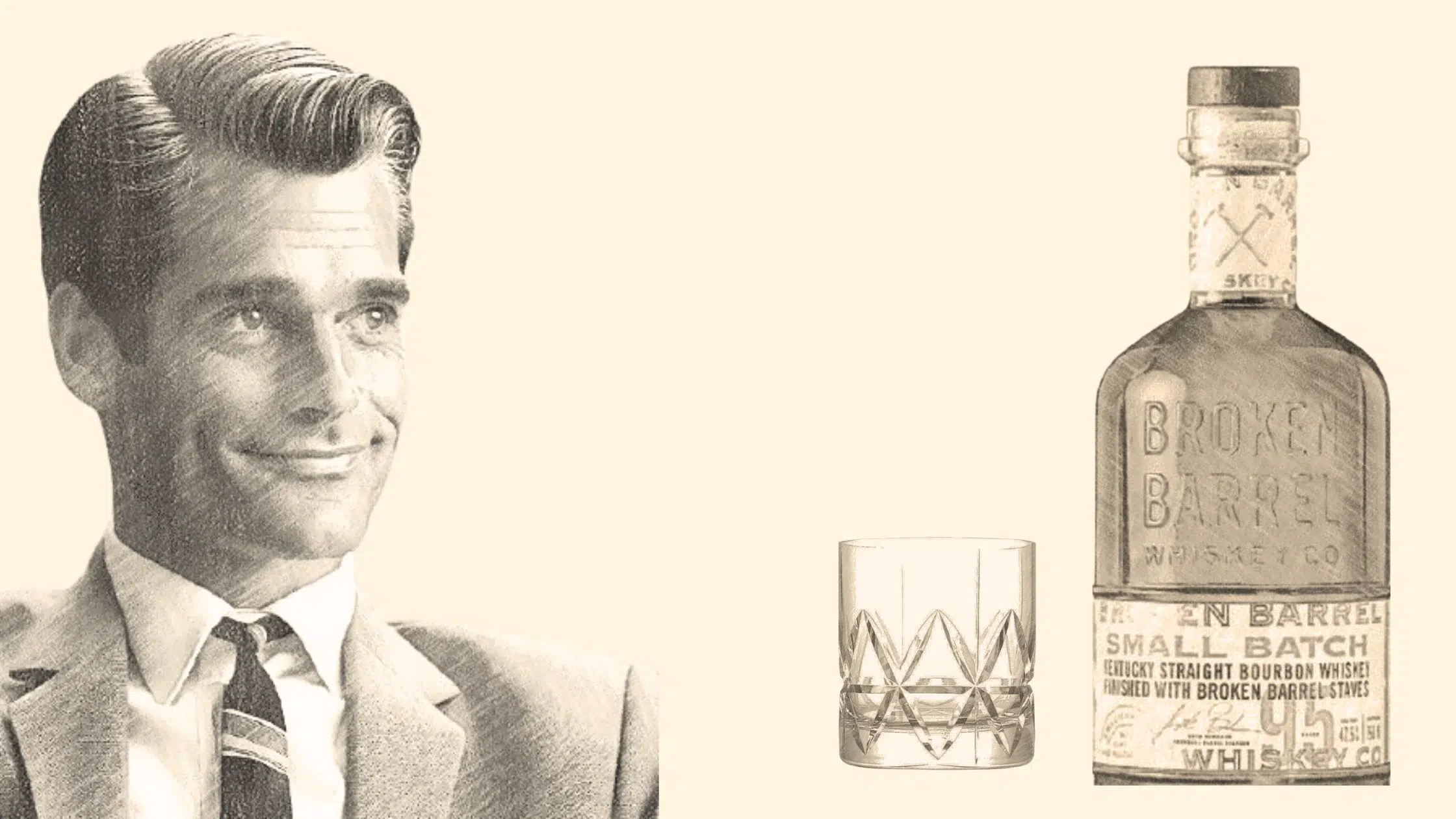 Retro man, whiskey bottle, and glass illustration.