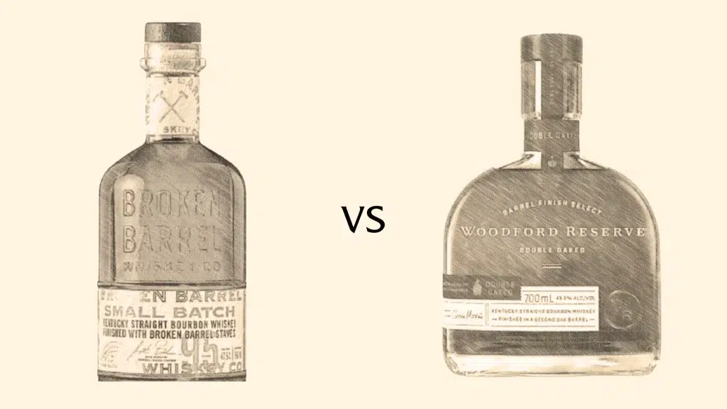 Broken Barrel vs Woodford Reserve bourbon bottles.