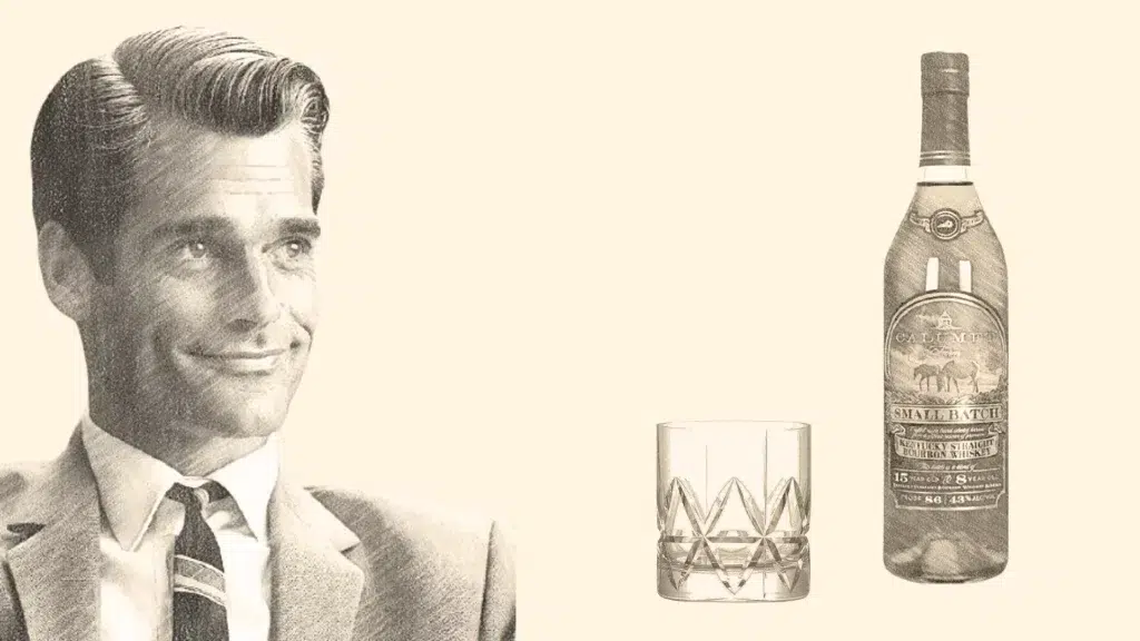 Vintage man with whiskey glass and bottle.