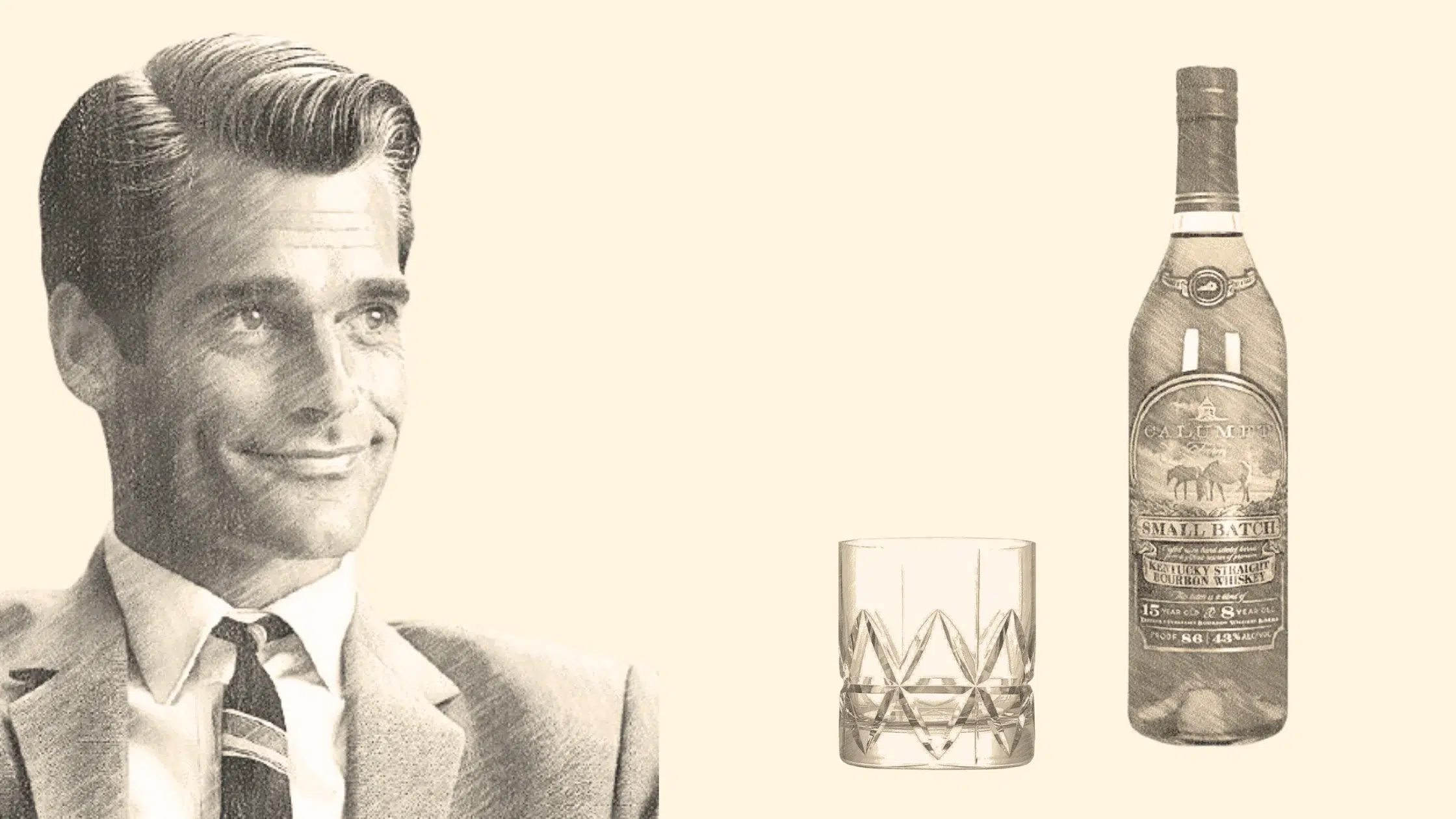 Vintage man with whiskey glass and bottle.