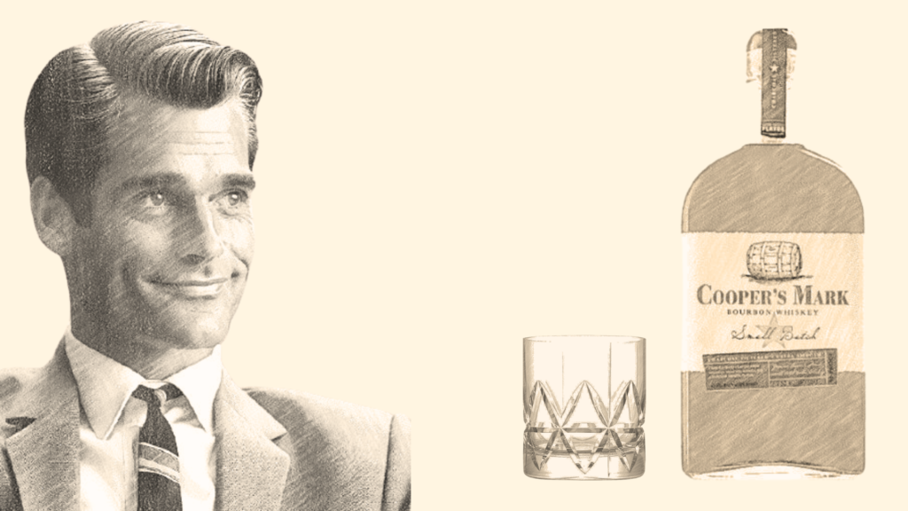 Vintage whiskey bottle and glass with man smiling.