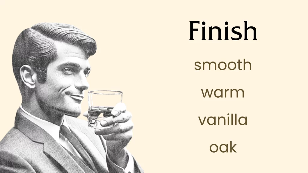 Man enjoying whiskey, descriptive finish words listed.