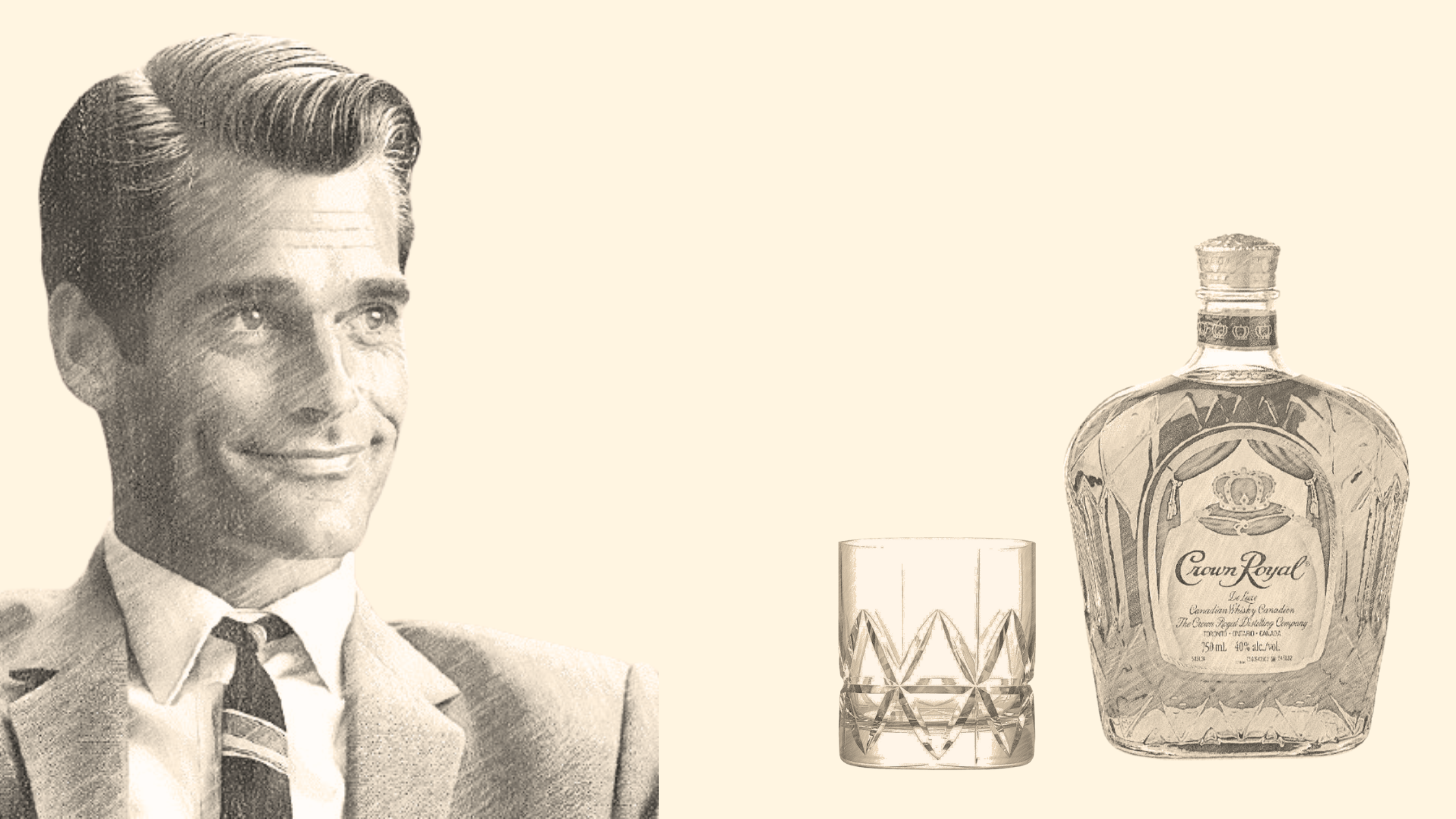 Vintage man with Crown Royal whiskey bottle, glass.