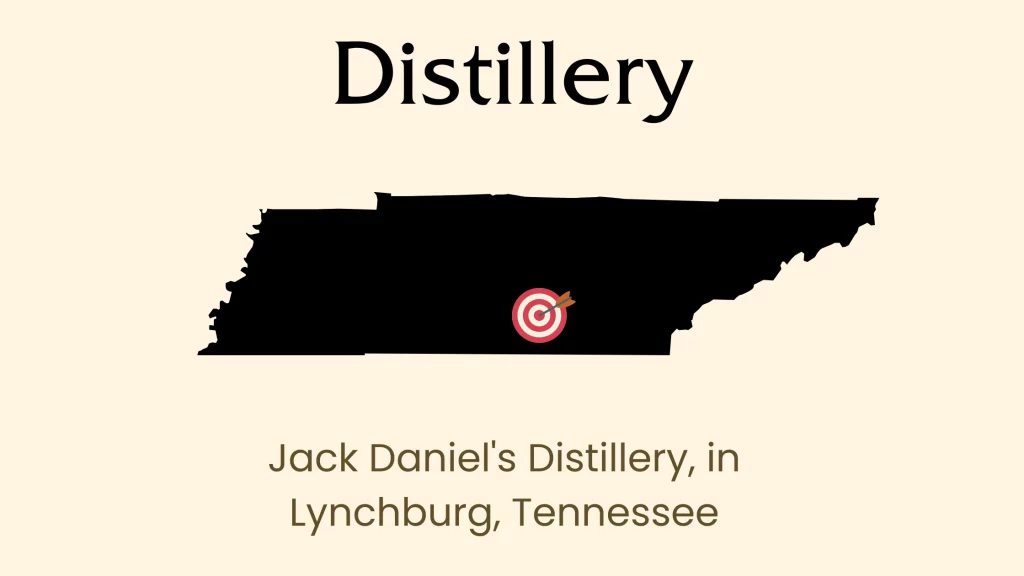 Map marking Jack Daniel's Distillery, Tennessee.