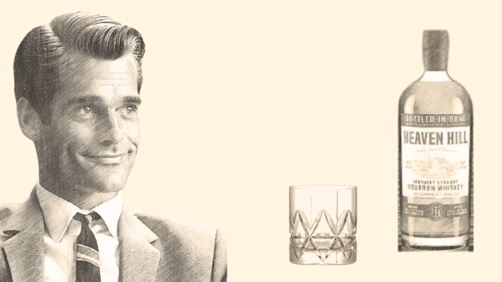 Man with bourbon bottle and empty glass.