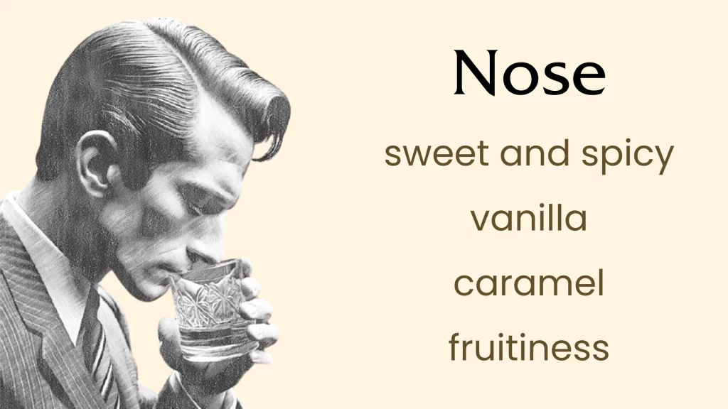 Man smelling drink with tasting notes description.