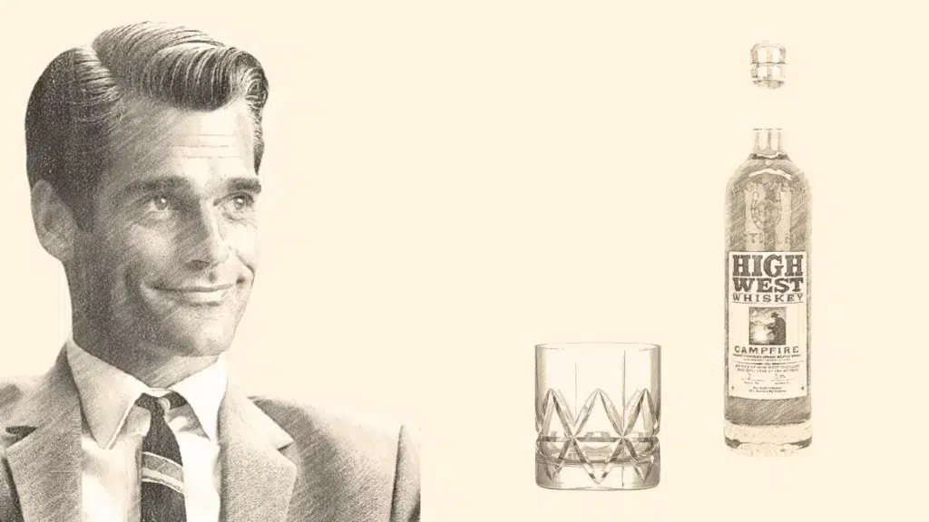 Vintage illustration: man, whiskey bottle, and glass.