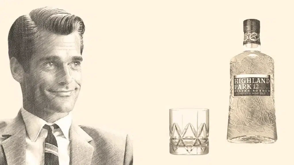 Whiskey bottle and glass with man's portrait.