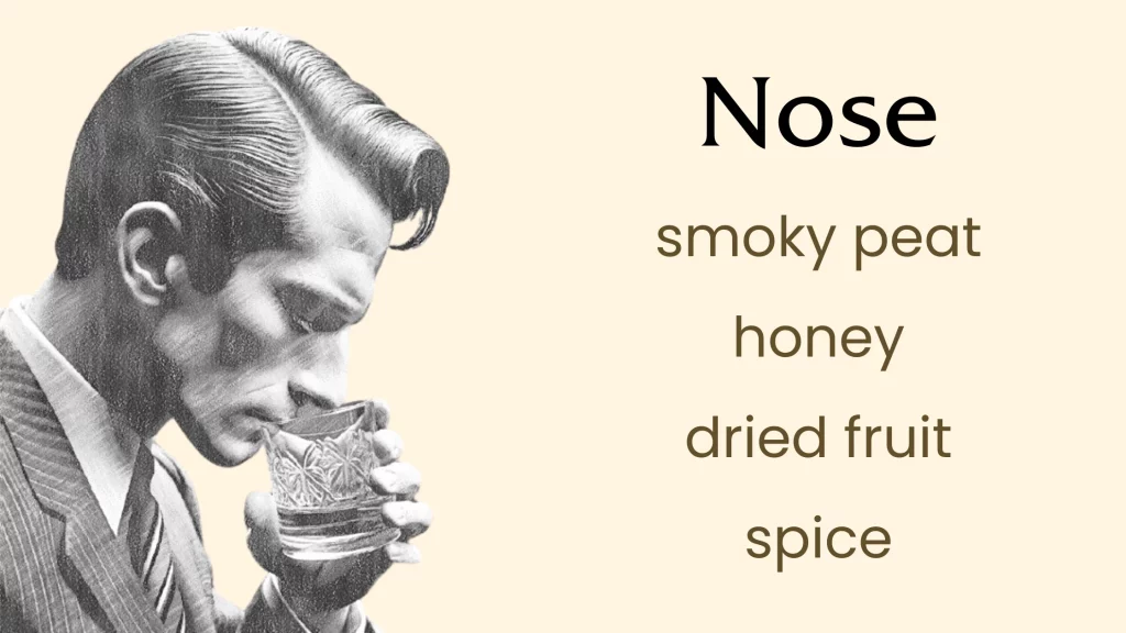 Man sniffing glass of whiskey, notes: smoky, honey, spice.