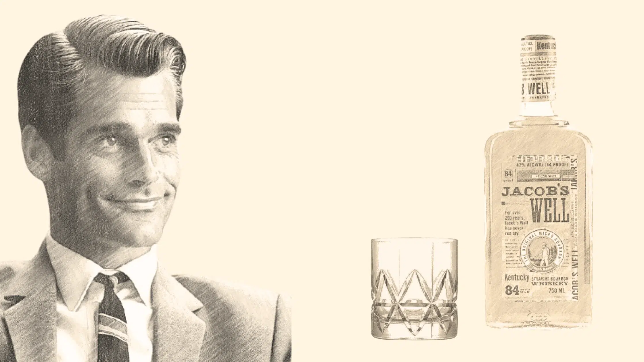 Vintage whiskey advertisement with man and bottle.