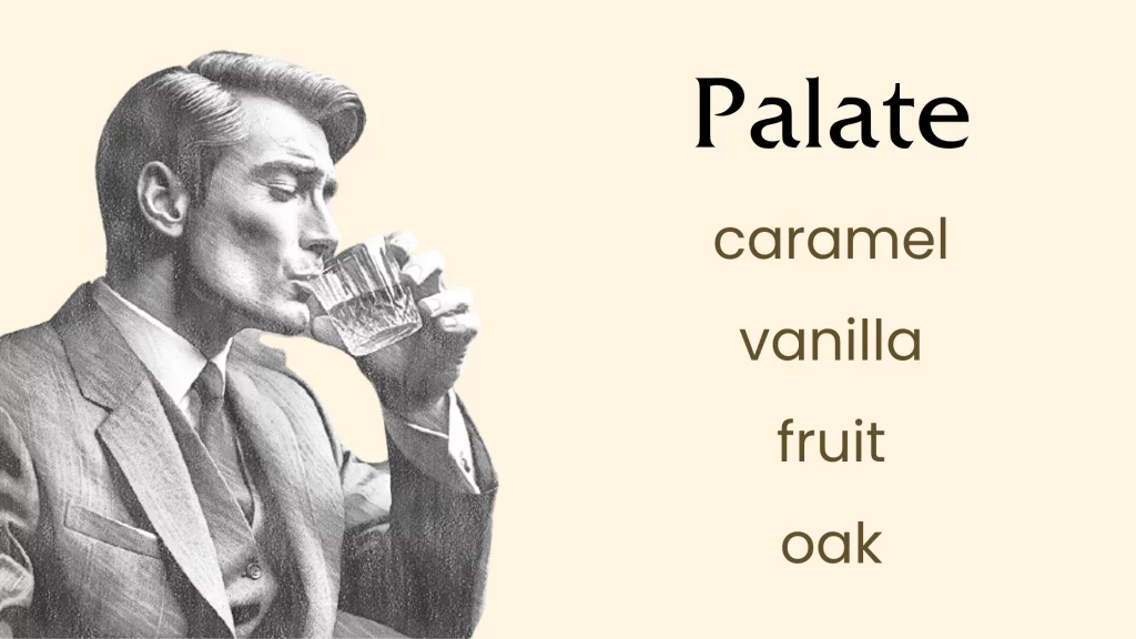 Man enjoying whiskey, palate flavors listed.