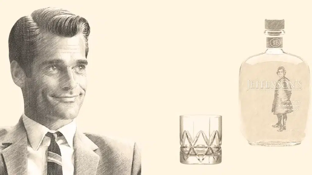 Vintage man, whiskey bottle, and glass.