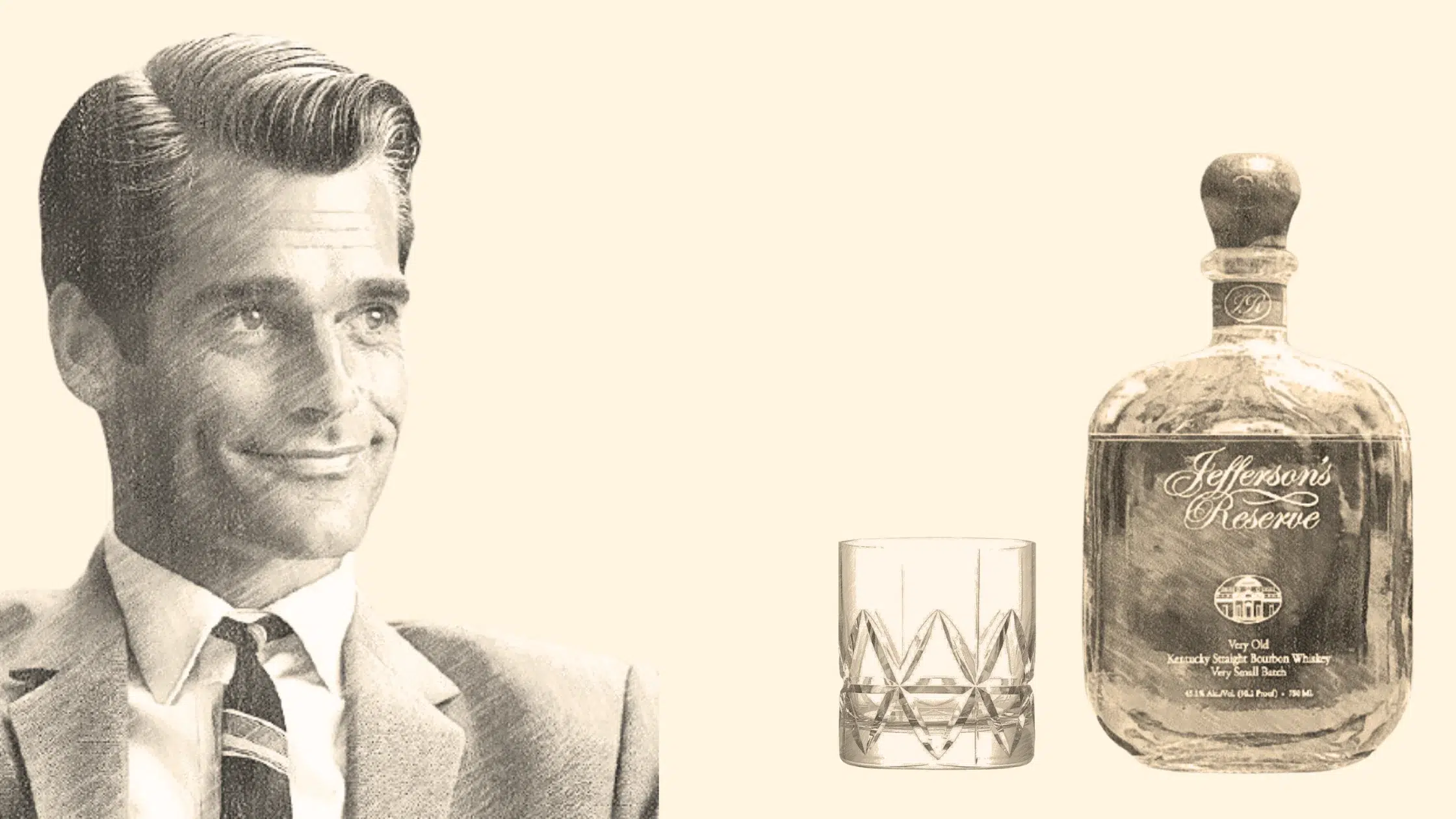 Vintage whiskey bottle and smiling man illustration.