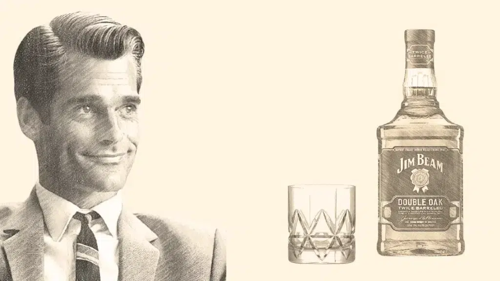 Man smiling next to Jim Beam bottle and glass.