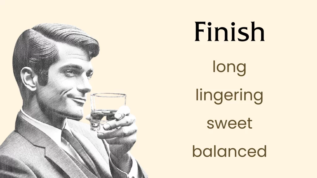 Man in suit drinking, text describing taste finish.