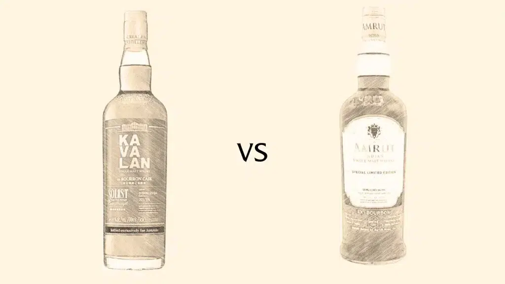 Kavalan vs Amrut single malt whiskey bottles