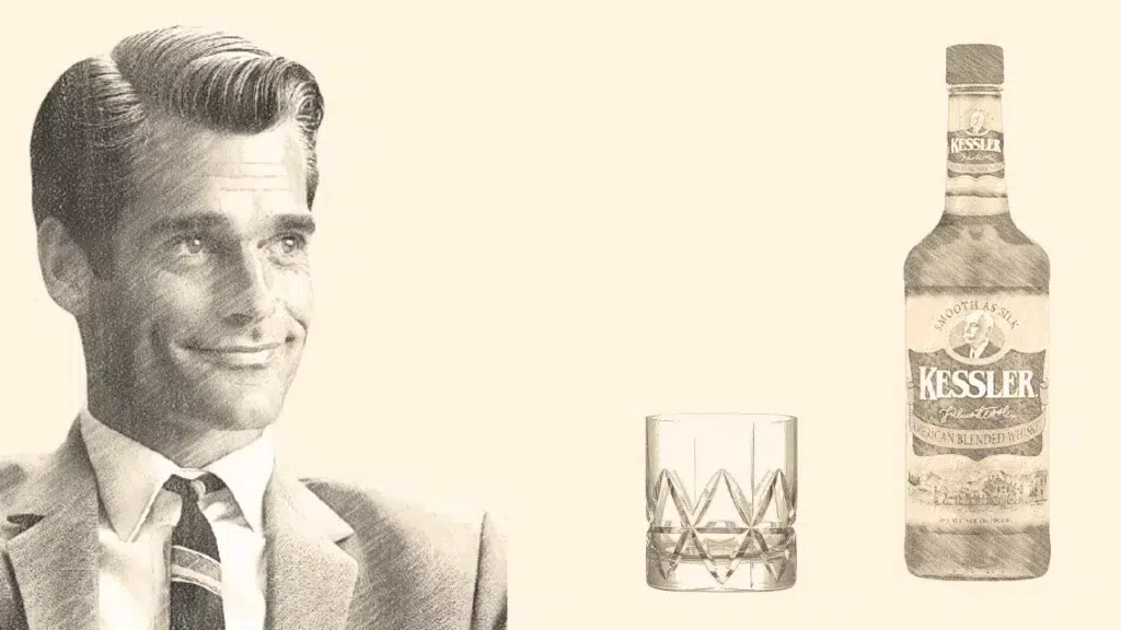 Vintage whiskey advertisement with man and bottle.