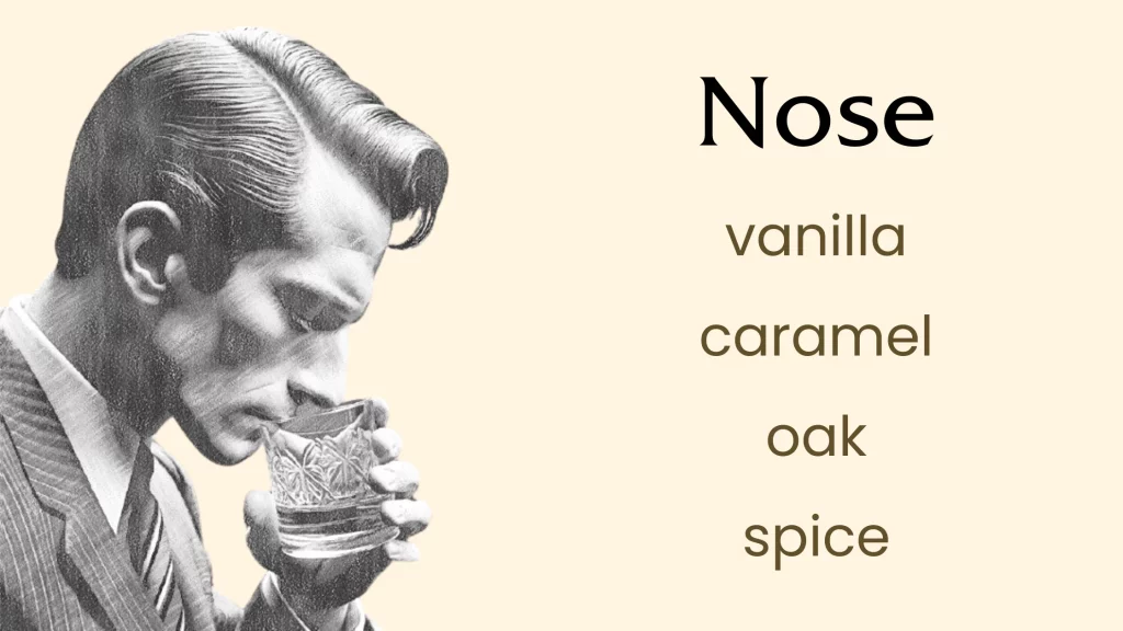 Man sniffing drink with vanilla, caramel, oak, spice notes.