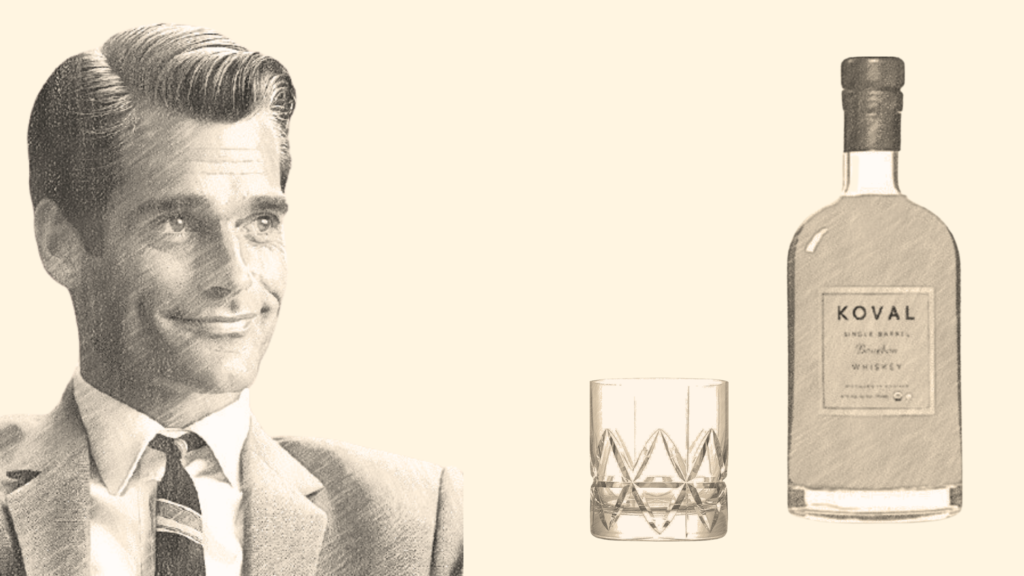 Vintage-style whiskey advertisement with man and bottle