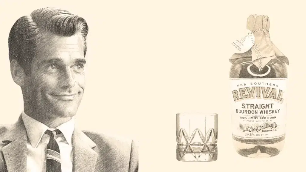 Vintage man, whiskey bottle, and glass illustration.