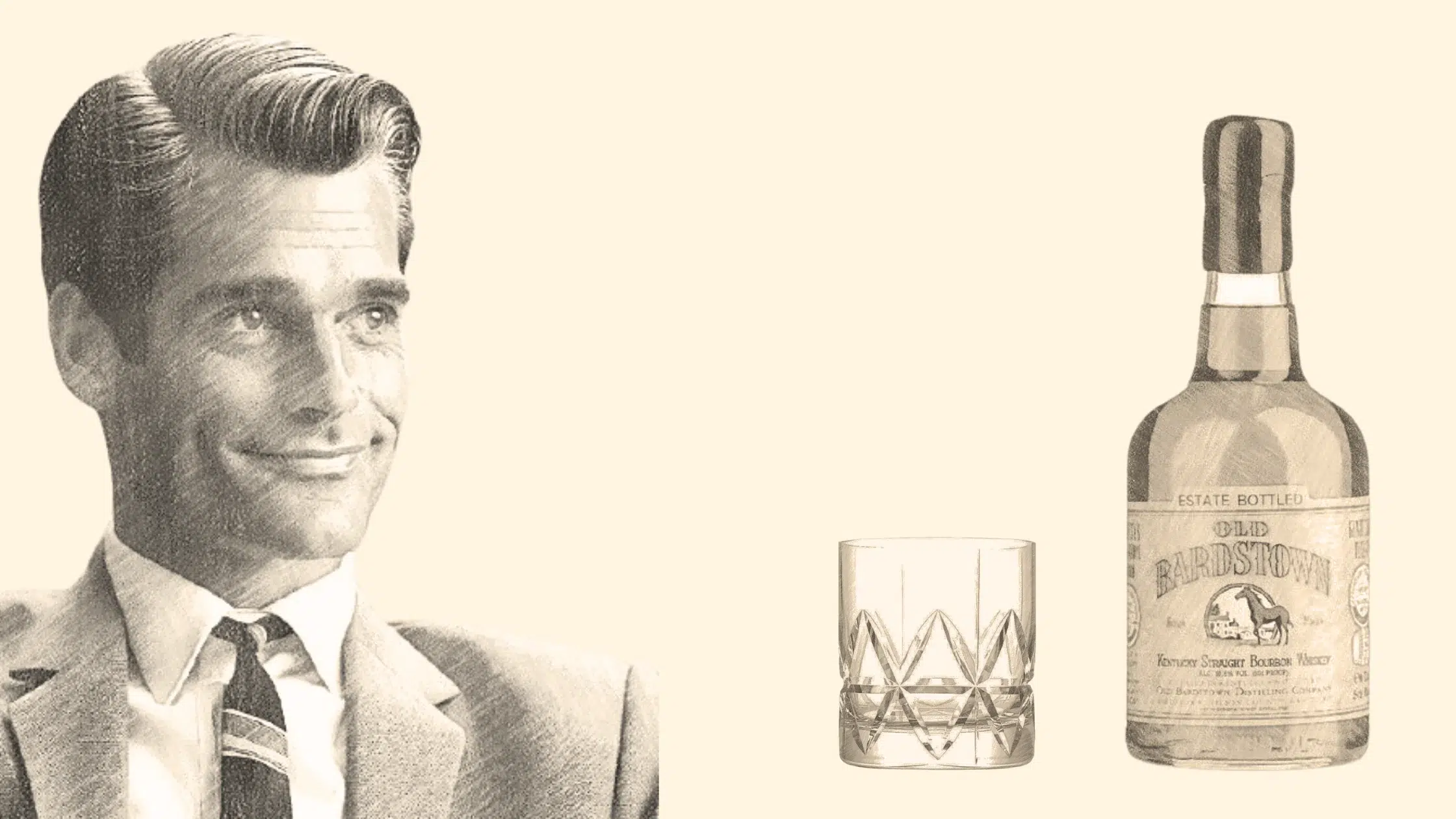 Vintage man with bourbon bottle and glass.