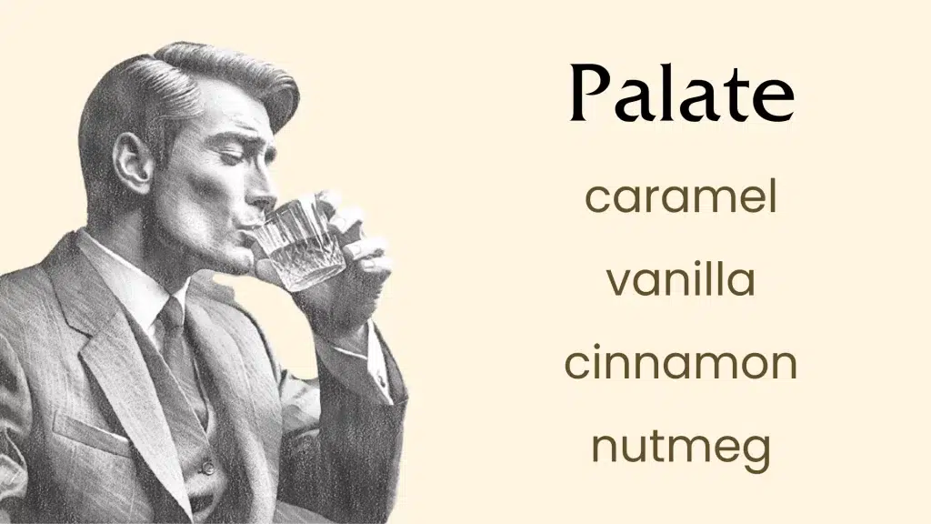 Man tasting whiskey flavors: caramel, vanilla, cinnamon, nutmeg.